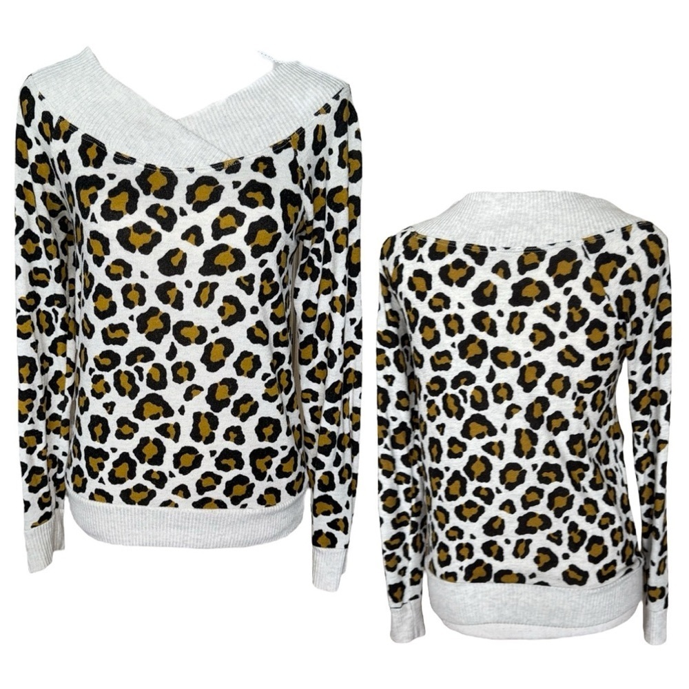 Ivory Leopard Animal Print Long Sleeve Top Contrast Rib Knit Trim Streetwear